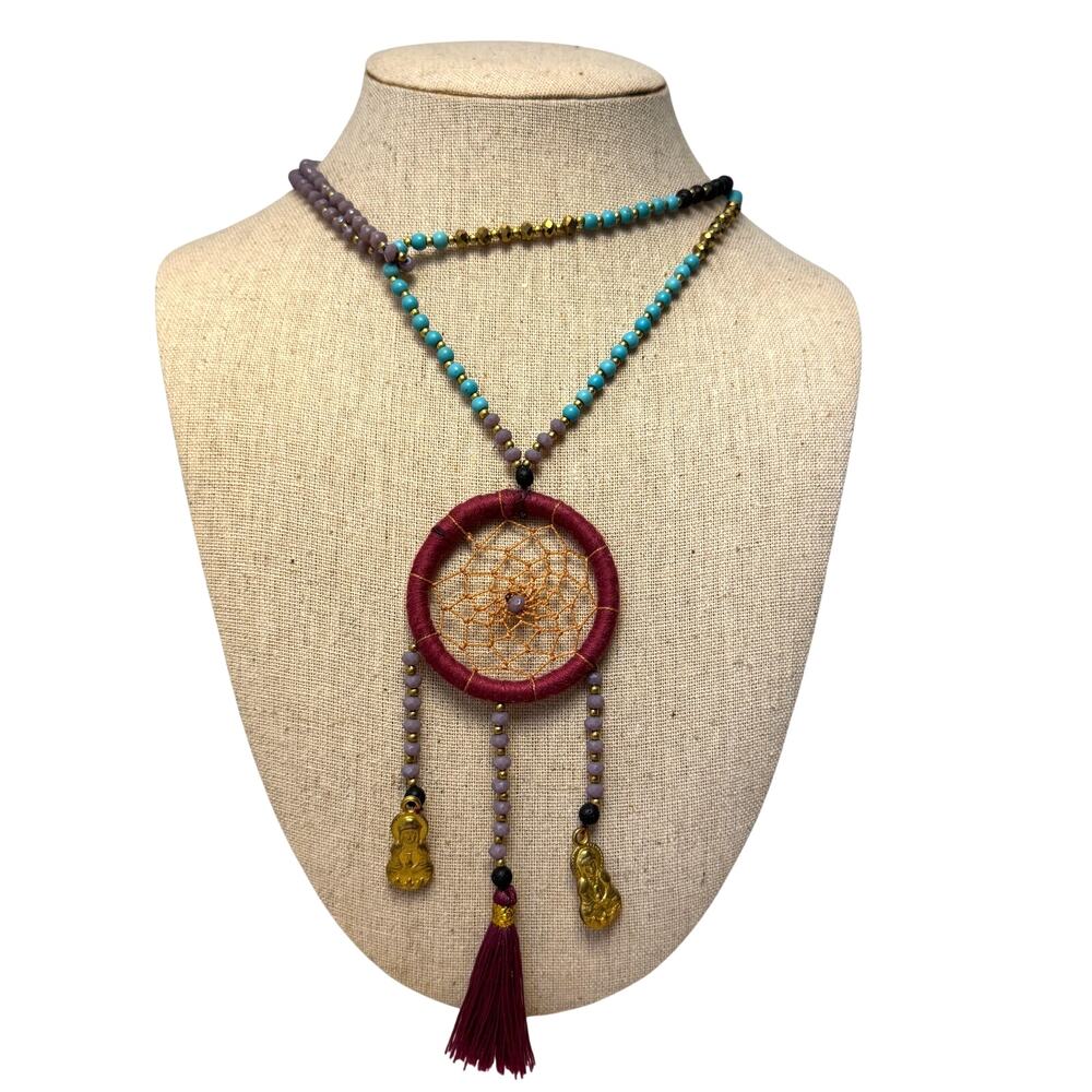 OOAK Dream Catcher Pendant Long Necklace Tassel Strand Beaded Layer RARE